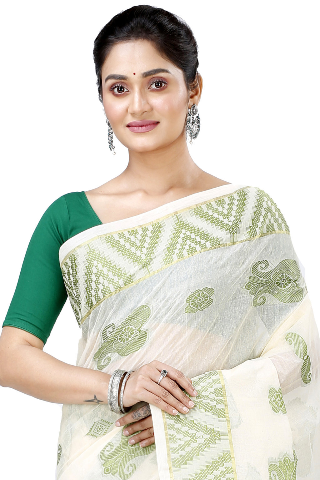 White Green Pure Cotton Gargi Tant Saree (911)